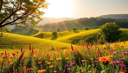 Sun-drenched hills, vibrant wildflowers, lush green trees, idyllic countryside scene,  meadow,  pastoral
