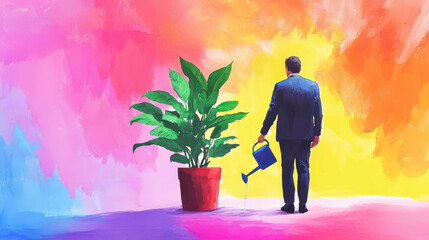 Businessman watering plant in colorful background, symbolizing growth and prosperity