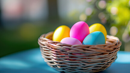 Colorful Easter eggs in woven basket create cheerful spring atmosphere, perfect for celebrations and family gatherings