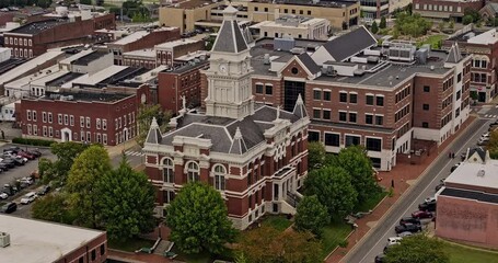 Clarksville Tennessee Aerial v6 zoomed birds eye view flyover town center capturing Montgomery County Historic Courthouse, views of river and farmland - Shot with Mavic 3 Pro Cine - Sept 21st 2023