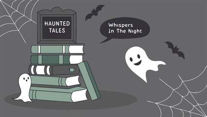 Whimsical halloween illustration featuring a stack of old books titled haunted tales friendly ghosts flying bats and cobwebs on a dark gray background for spooky storytelling