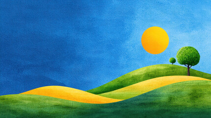 Vibrant landscape featuring rolling hills, bright sun, and stylized trees creates peaceful and serene atmosphere