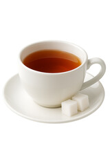 White ceramic tea cup with sugar cubes isolated on transparent background