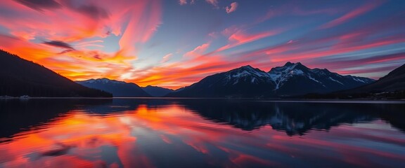 Serene lake mirrors fiery sunrise, majestic mountains silhouetted against vibrant sky,  travel,  wilderness