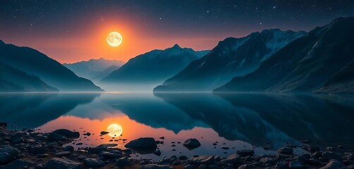 Serene moonlit mountainscape, tranquil lake reflecting starlight,  stars,   peak