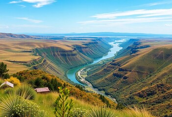 Serene hilltop view overlooking a winding river valley, vibrant flat color style,  travel,  graphic