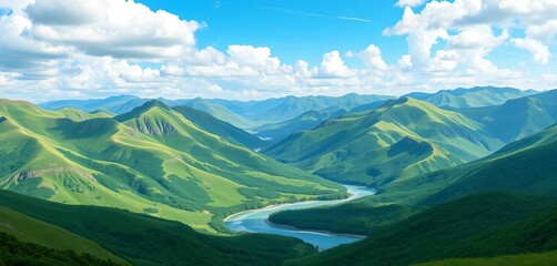 Serene green mountain range landscape with winding river, blue cloudy sky, flat vector illustration, calm, wildlife