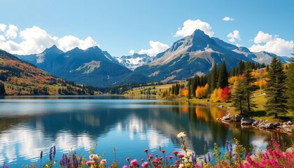 Serene mountain lake landscape, vibrant spring/summer colors, idyllic nature scene,  vibrant,  relaxation