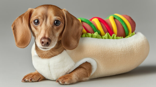 Playful dachshund in hot dog bun costume at a festive celebration