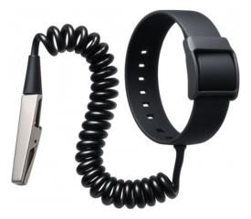 Grounding strap employed in a home office setup, featuring a coiled design for flexibility and a protective PVC coating.