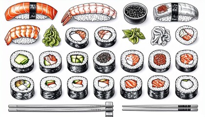 Hand-drawn black outline illustration of sushi rolls with wasabi and chopsticks, arranged in neat modern layout on white background, food graphic style