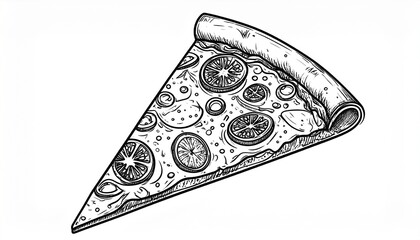 Stylized line art of a pizza slice with topping details, black outlines on white canvas, suitable for food packaging or digital design