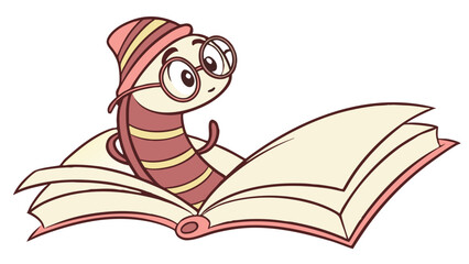 Cute cartoon bookworm wearing glasses and a striped hat reading an open book