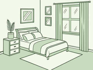 Cozy bedroom interior with a bed nightstand plant rug and window with curtains