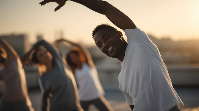 Group fitness class stretching arms at sunset health and wellness outdoor exercise routine training session