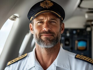 Mature Caucasian man in pilot uniform inside airplane during day