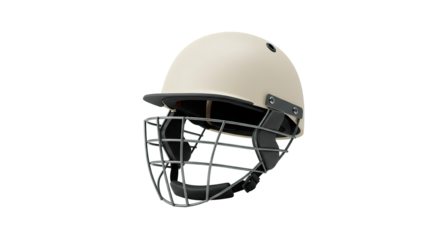 Close up of a cream colored cricket helmet with a gray metal grill on a black background studio shot