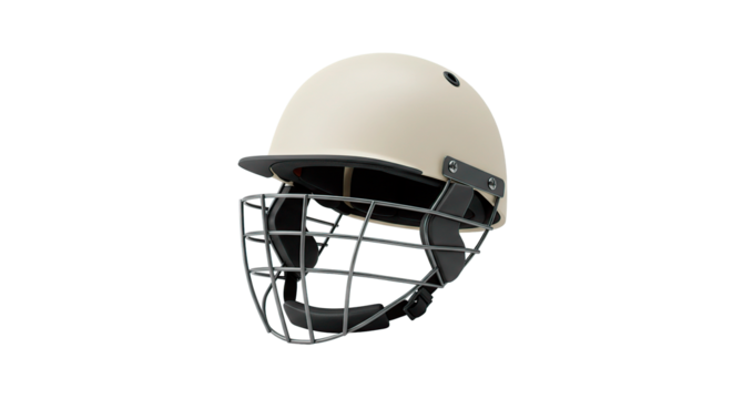 Close up of a cream colored cricket helmet with a gray metal grill on a black background studio shot
