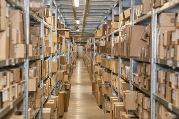 Long Warehouse Aisle with Densely Packed Shelves