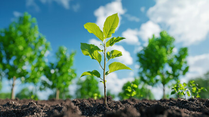 Young sapling grows in rich soil, symbolizing hope and renewal in vibrant reforestation effort