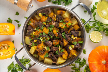 Pumpkin stew with potato and beef meat