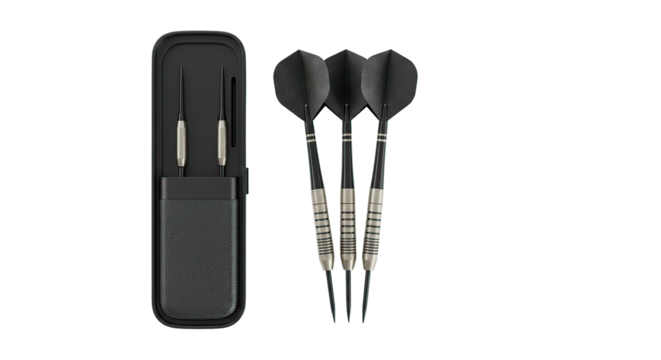 Close up of darts with black flights and silver barrels and a case on a black background studio shot