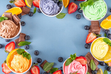 Frozen yogurt assortment. Soft creamy ice cream cups