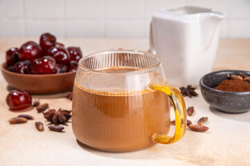 Coffee latte cup, made with grated date seeds