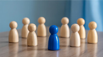 A minimalist composition featuring wooden peg people on a light wooden surface against a soft blue-gray background.