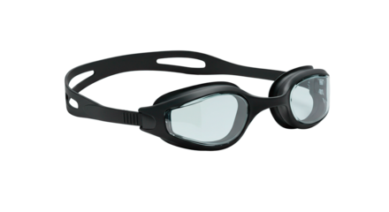Close up view of black swimming goggles with clear lenses and adjustable strap on black background