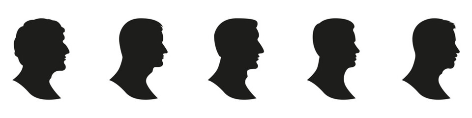 Male Silhouette Profile Solid Icon Set. Diverse Male Head Silhouettes Collection. Side View Male Profiles For Identification And Design. Isolated Vector Illustration