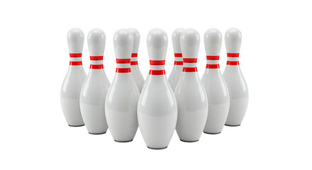 A full rack of ten white bowling pins with red stripes on their necks against a black background