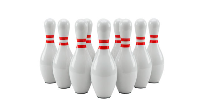 A full rack of ten white bowling pins with red stripes on their necks against a black background
