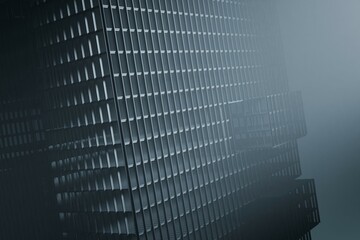 A close-up reveals a dark, metallic, grid-like structure, possibly a building or abstract...