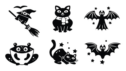 Black silhouette halloween icons featuring a witch, cats, bats, and a frog in a vector graphic