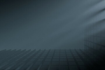 atmospheric view of a shadowy, grid-like structure partially obscured by fog or mist.  Sunlight...