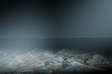 stone surface, possibly a pathway or wall, shrouded in mist or fog. A beam of light illuminates the...