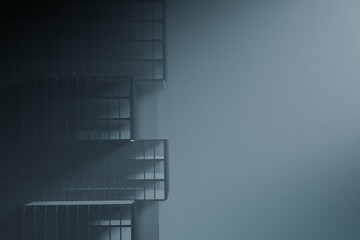 A minimalist digital rendering depicts a series of dark gray, geometric wireframe cubes against a...