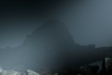 A misty, dark landscape featuring a prominent, shadowy hill shrouded in fog, with rocky foreground...