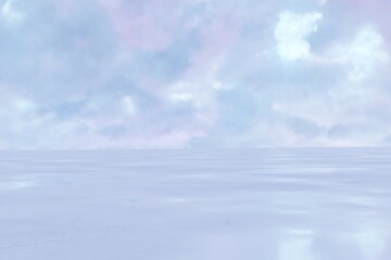 A serene digital landscape featuring a vast, pale blue expanse, possibly water or ice, reflecting a soft, pastel sky filled with ethereal clouds. The overall mood is calm and dreamlike