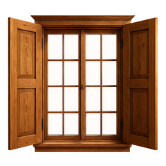 Obraz premium Wooden window frame with open shutters isolated on transparent background