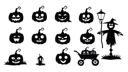 Obraz premium Silhouette halloween pumpkins and scarecrow with lantern and wheelbarrow decoration vector design