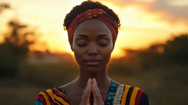 African woman in colorful traditional clothing and headband praying peacefully at sunset, meditating with calm and spiritual mood, serene moment of prayer and meditation
