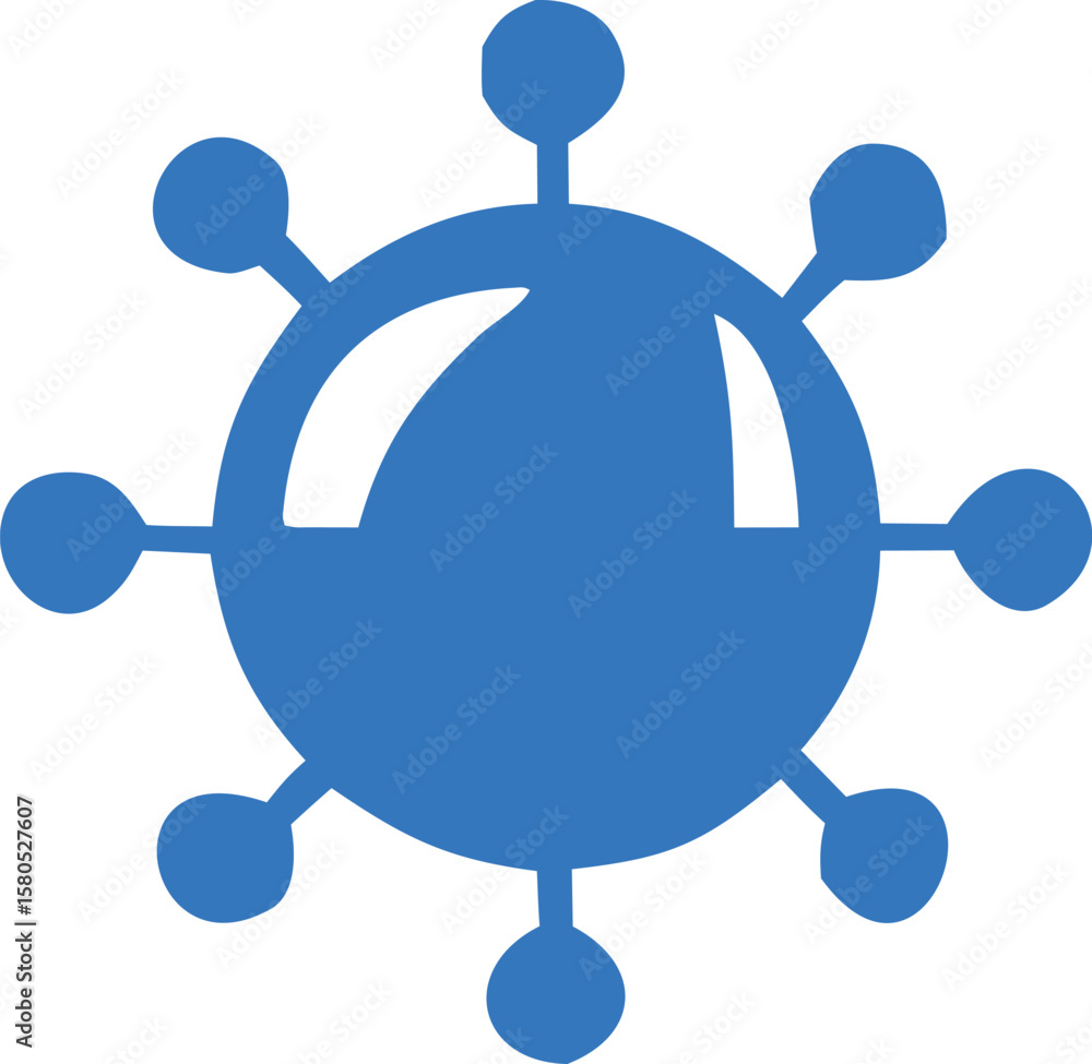 Poster abstract blue circular shape with radiating spherical protrusions and curved highlights representing