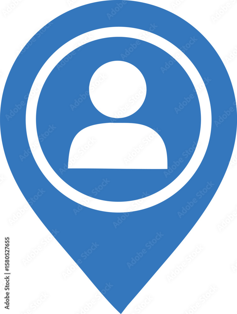 Poster a blue location pin icon with a white silhouette of a person inside a concentric circle symbolizing 