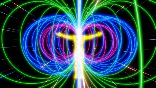 Human aura energy field lines with stars flying in the background. 3D illustration