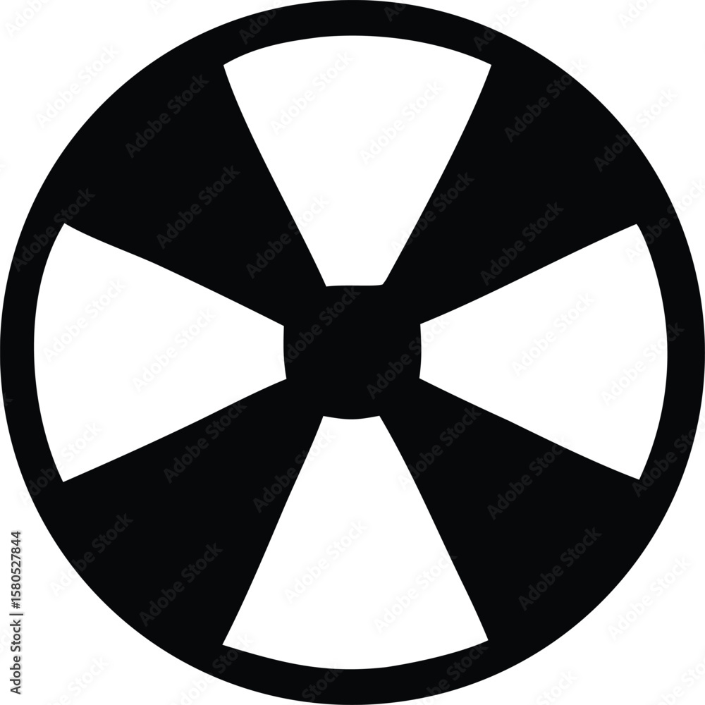 Poster a stark black and white circular symbol featuring a central dark square with four white triangular s