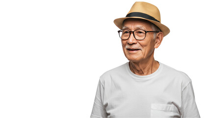 Elderly Asian man smiling while wearing a hat and glasses