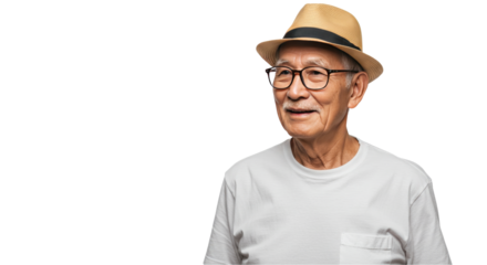 Elderly Asian man smiling while wearing a hat and glasses  