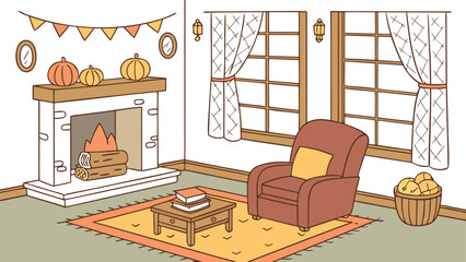 Cozy living room with a fireplace armchair and pumpkins perfect for autumn and fall decoration